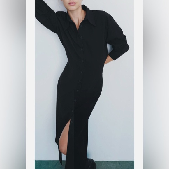 Zara WOMEN'S MIDI SHIRT DRESS BLACK SIZE XL - Picture 2 of 9